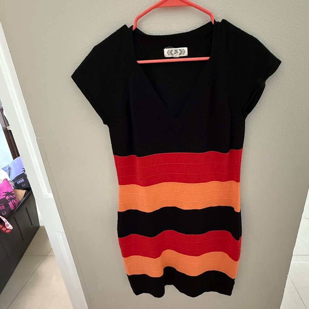 Pink Rose Striped Bodycon Sweater Dress Size XL Black Red Orange